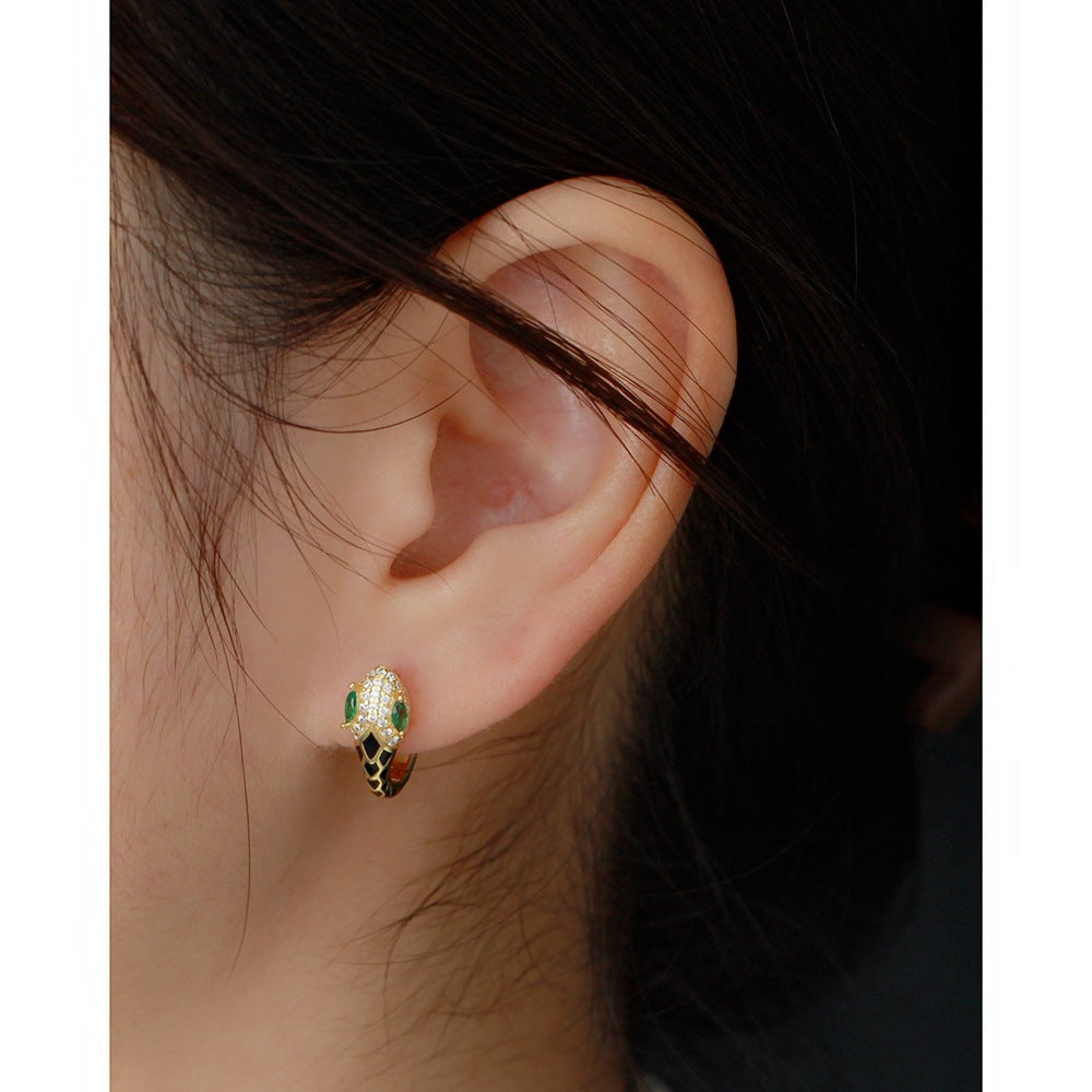 Minimalist Snake-Shaped S925 Sterling Silver Stud Earrings with Rhinestone Inlay and Resin Drip Detail for Women