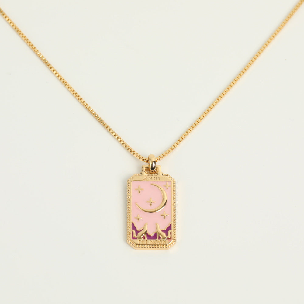 Vintage Tarot Card Pendant Necklace in Copper with Gold Plating and Enamel Finish on Box Chain for Women