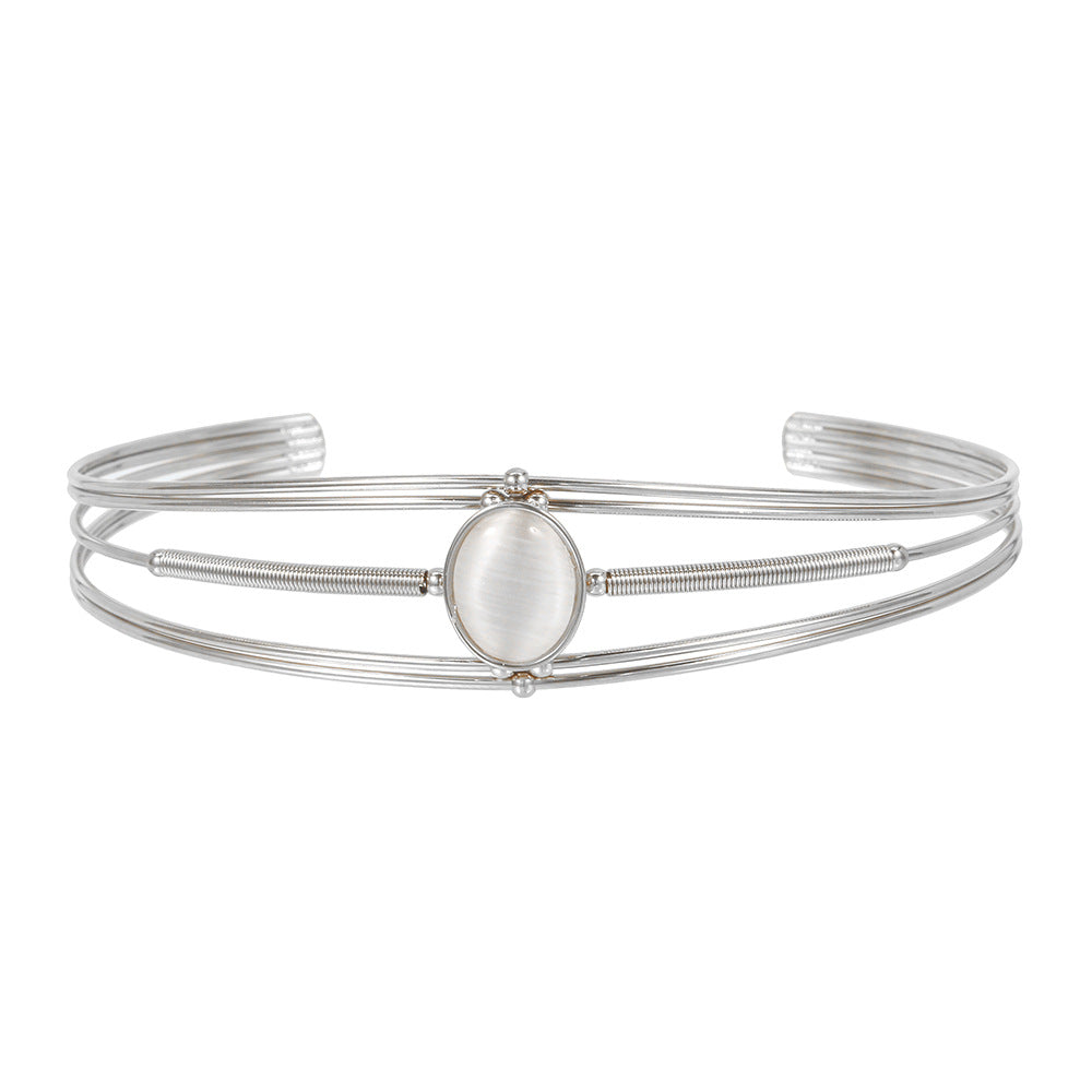 Minimalist Geometric Round Stainless Steel Cuff Bracelet with Gemstone Inlay for Women
