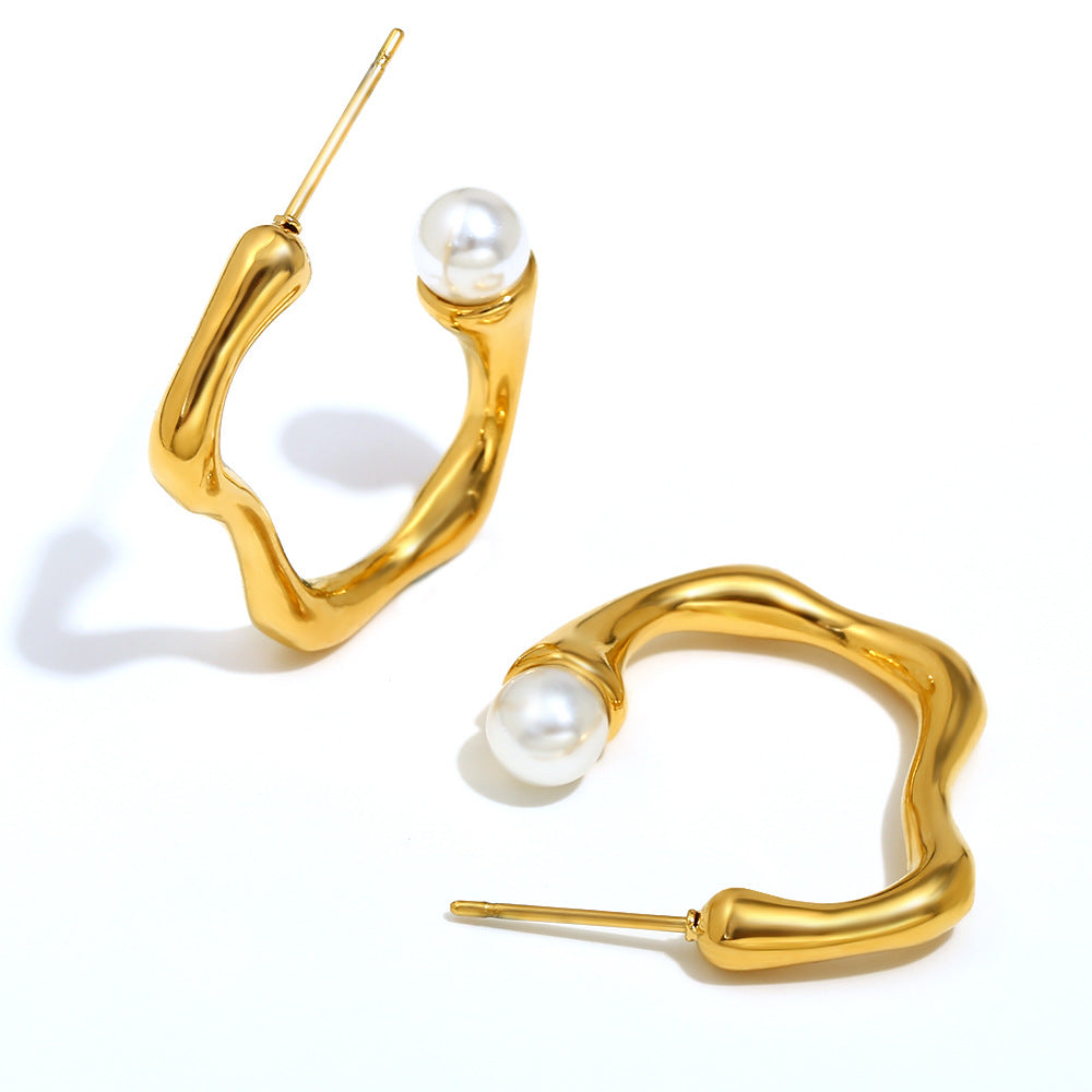 Orecchini da donna minimalisti e geometrici a C con perle, in acciaio inossidabile placcato oro 18K
