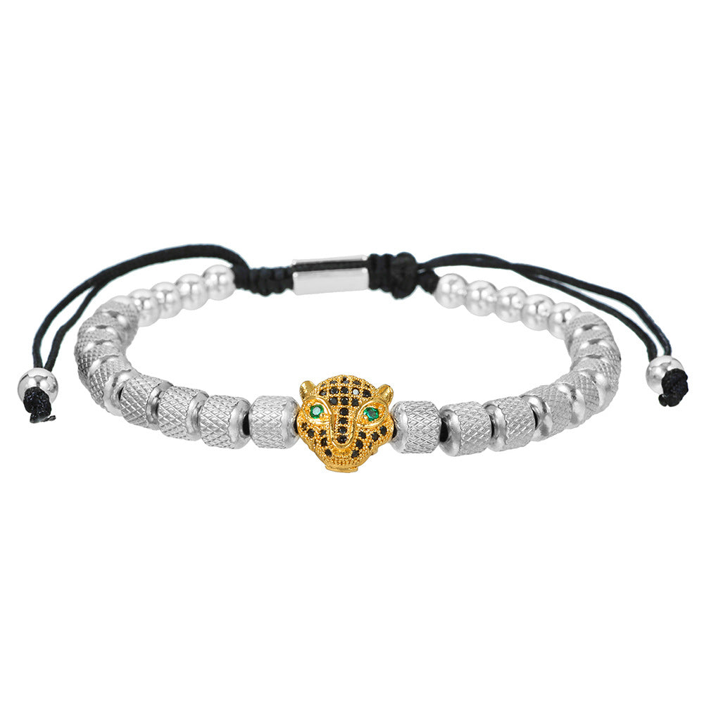 Micro-Paved Cubic Zirconia Leopard Head Stainless Steel Geometric Bracelet