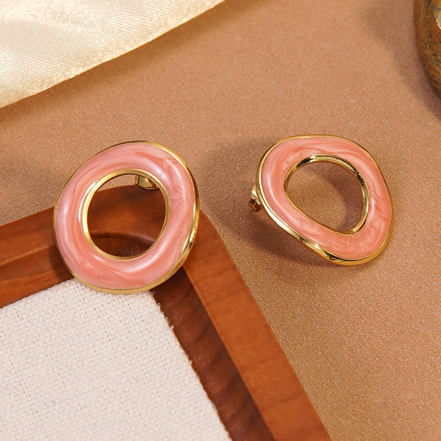 Casual Round Geometric Drip Oil Stainless Steel Stud Earrings for Women