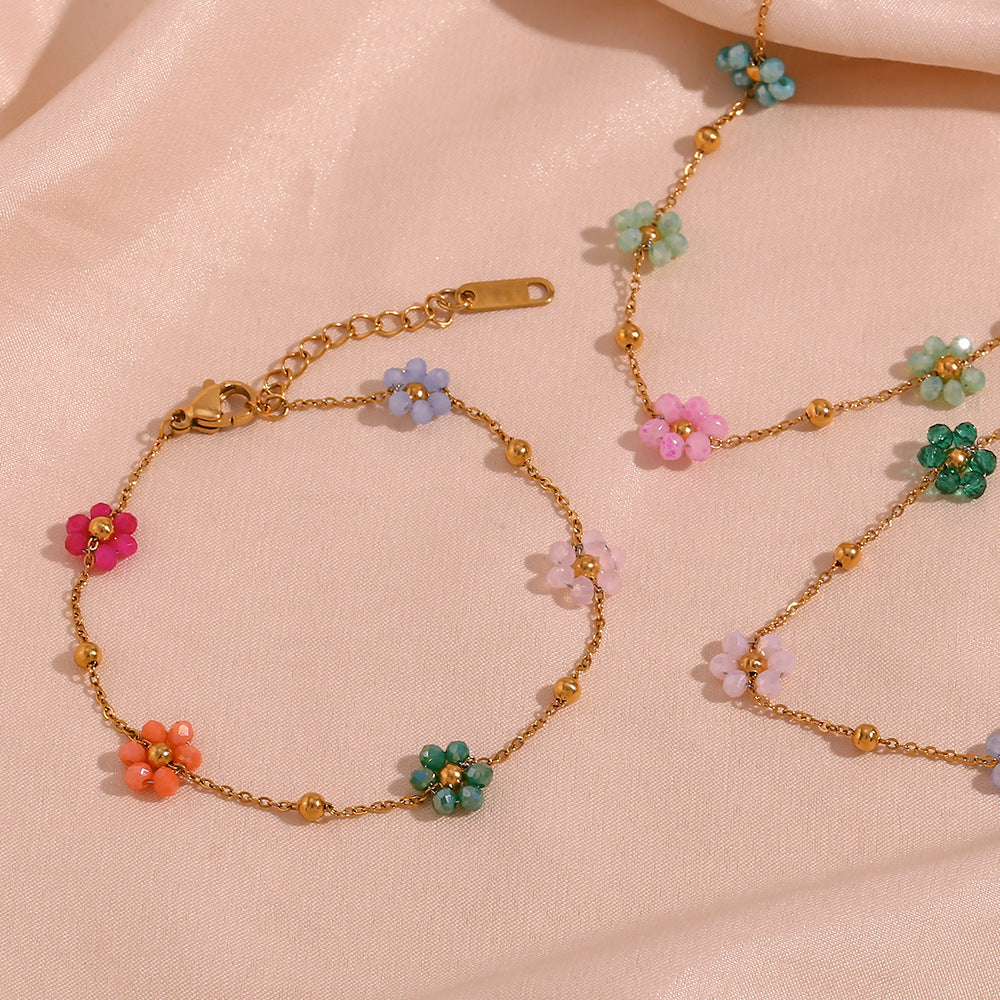Bracciale placcato in acciaio inossidabile con perline colorate, stile geometrico floreale alla moda e minimalista da donna
