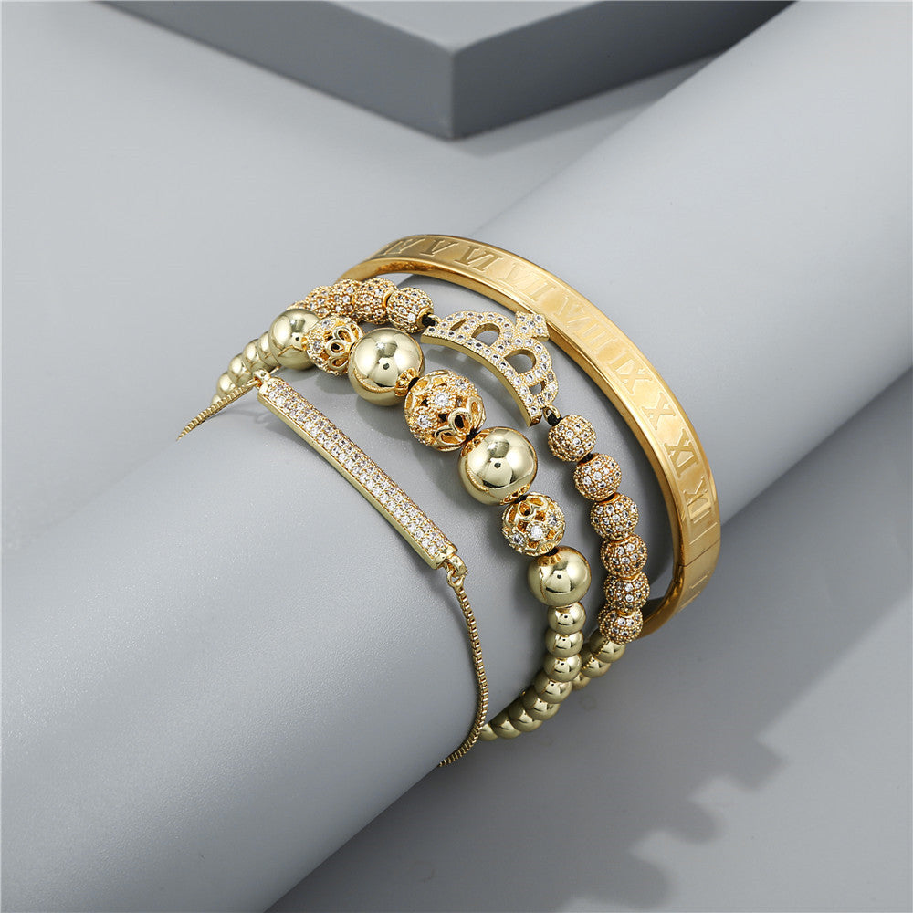 Gold Plated Brass Braided Crown Cubic Zirconia Bracelet Set for Unisex