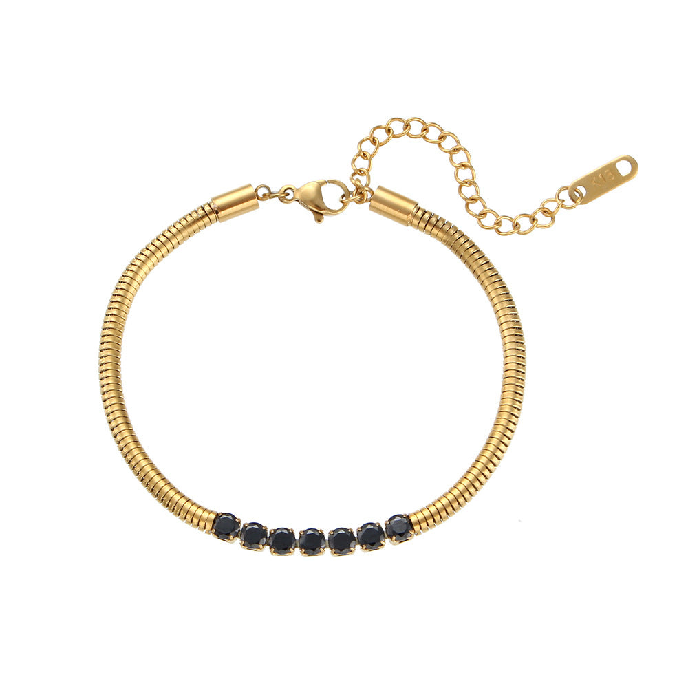 Bracciale da donna in acciaio inossidabile placcato oro 18 carati, con perline micro-incastonate e catena, stile geometrico alla moda