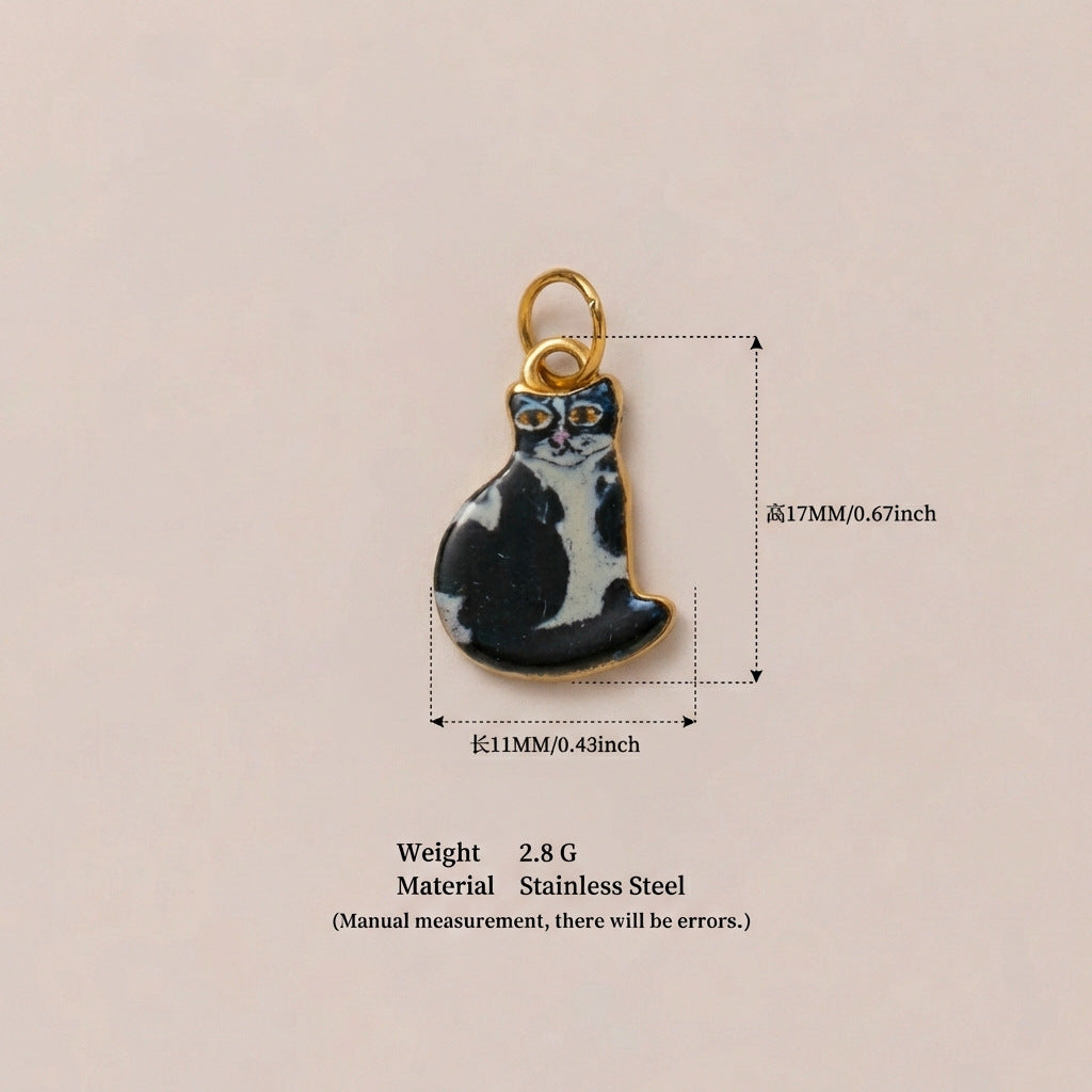 Cute Cat Cartoon Ceramic Drip Oil Plated Stainless Steel Charm Bar Pendant