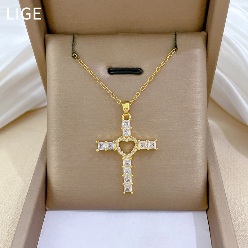 Minimalist Heart Cross Pendant Necklace in Titanium Steel with Rhinestone Inlay for Women