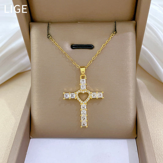 Minimalist Heart Cross Pendant Necklace in Titanium Steel with Rhinestone Inlay for Women