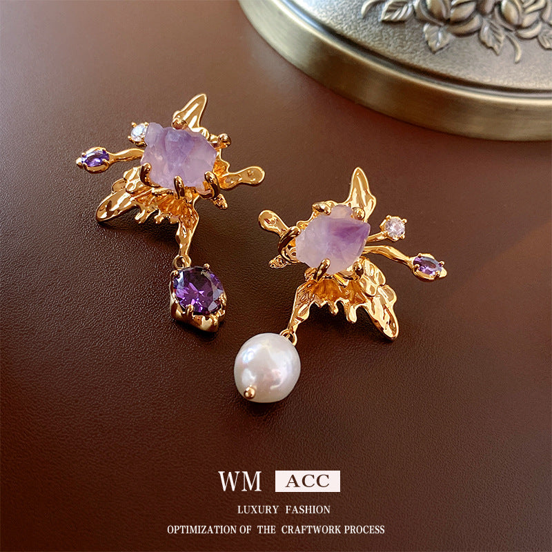 Baroque-Style Asymmetrical Freshwater Pearl and Zircon Butterfly Earrings in Sterling Silver for Women