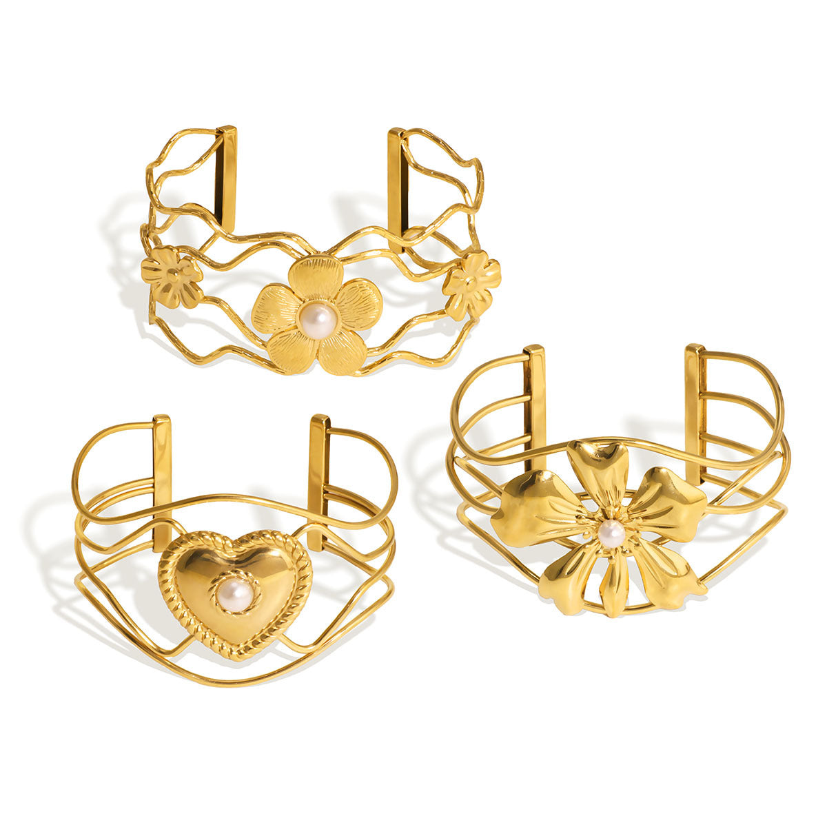Bracciale a Polsino Floreale Minimalista a Cuore Vuoto in Acciaio Inossidabile con Placcatura in Oro 18K da Donna
