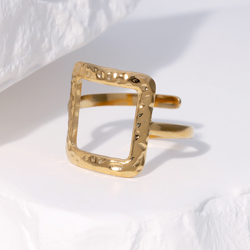 Minimalist 18K Gold Plated Square Geometric Stainless Steel Open Ring for Women
