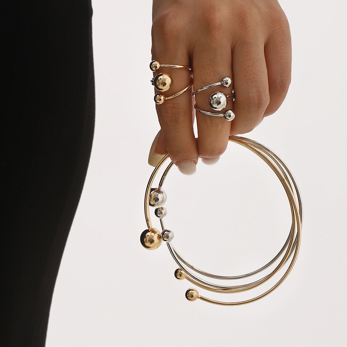 Anillo de puño de doble capa con forma geométrica ajustable para mujer, de hierro con acabado chapado