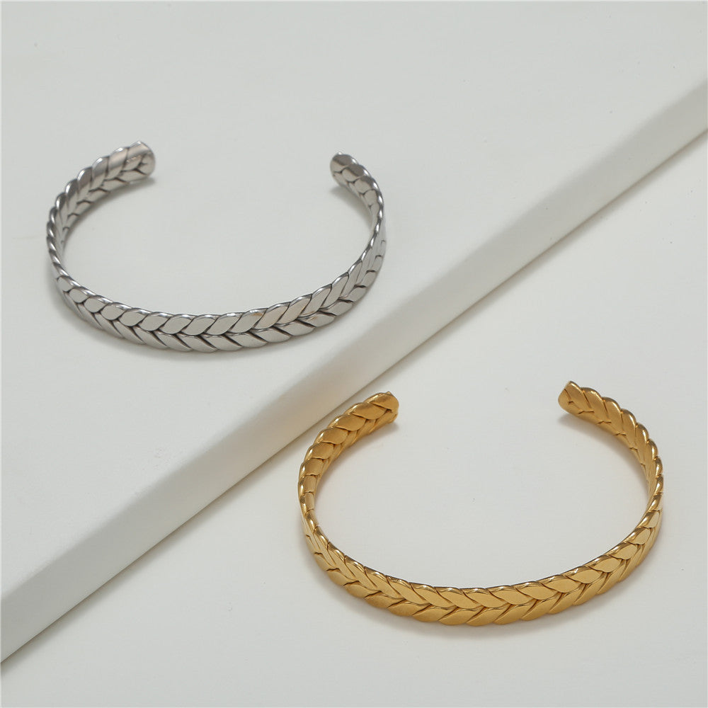 Minimalist Geometric Gold Plated Titanium Steel Wheat Open Cuff Bracelet for Women