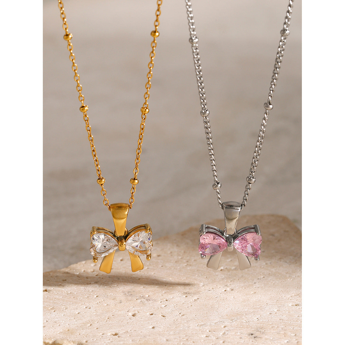 18K Gold Plated Stainless Steel Bow Necklace with White Cubic Zirconia for Women
