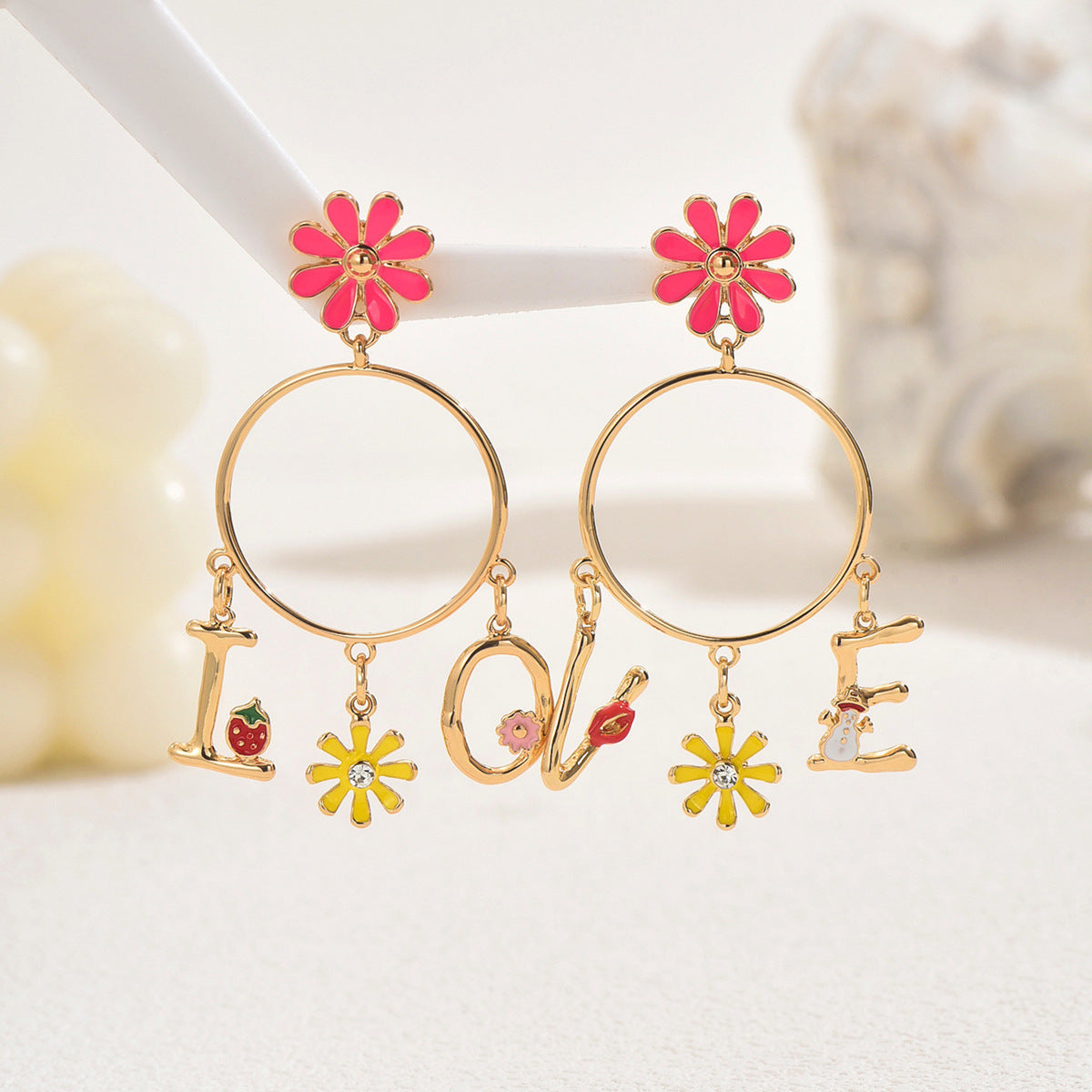 Floral and Letter Design Enamel Earrings for Women in Zinc Alloy with Stainless Steel Posts