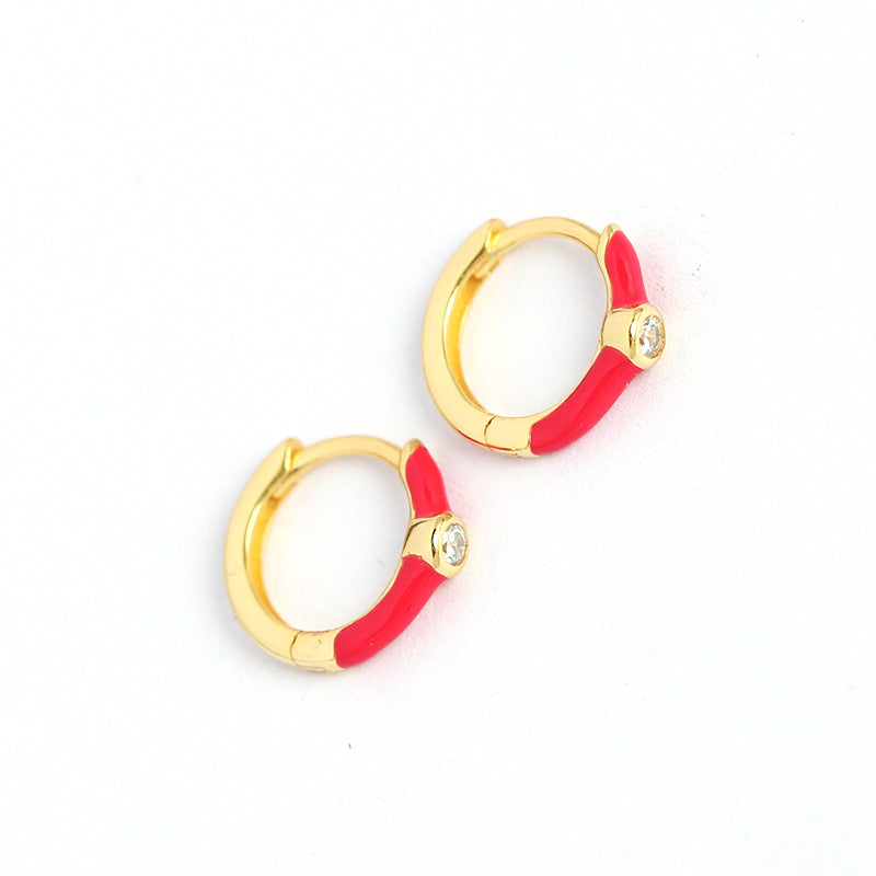 Orecchini a Cerchio Minimalisti Dolci in Argento Sterling 925 con Dettagli Geometrici e Smalto a Goccia Micro-incastonati