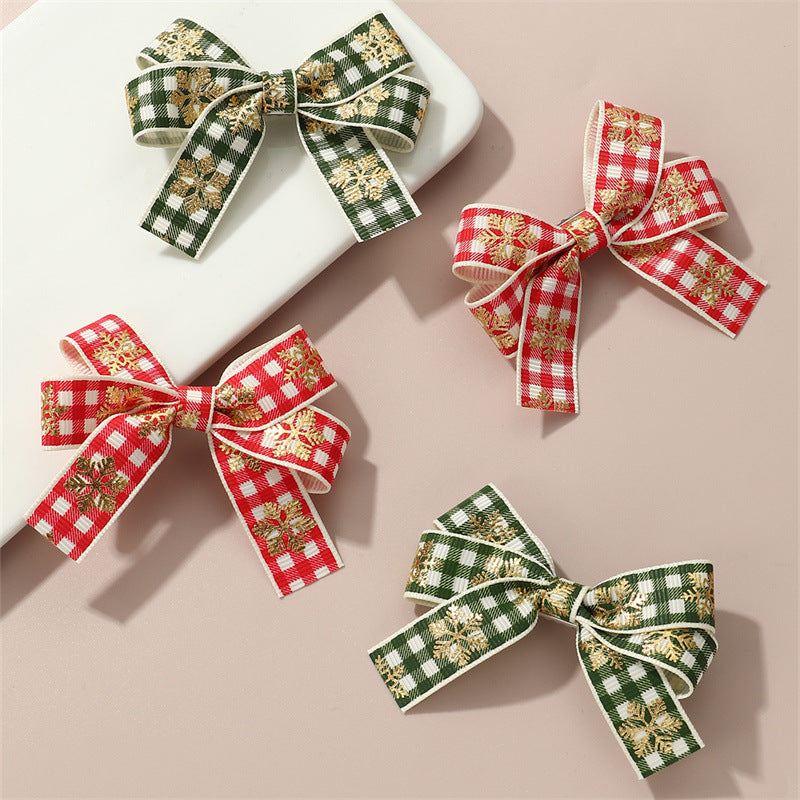 Set de pinzas para el pelo con temática navideña para niñas, construcción de tela en forma de lazo, estampado a cuadros rojos y verdes y copos de nieve, diseño fresco y minimalista