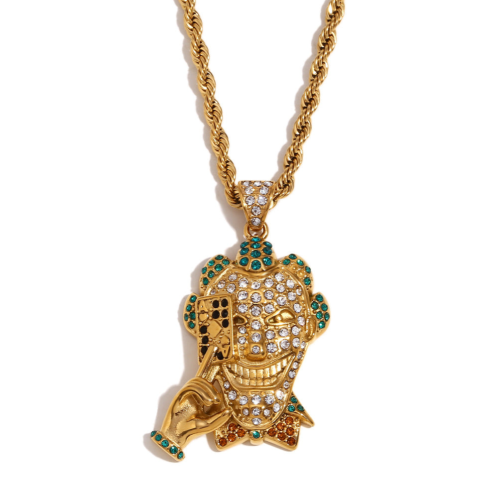 Vintage Geometric Stainless Steel Gold Plated Rhinestone Pendant Rope Chain Necklace for Men