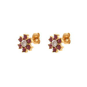 Fashionable Minimalist Geometric Round Floral Micro-Paved Stainless Steel Earrings with 18K Gold Plating for Women