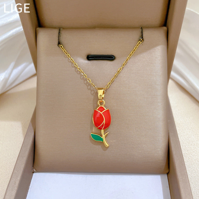 Minimalist Sweet Drip Oil Geometric Floral Rhinestone Pendant Necklace Titanium Steel Cable Chain for Unisex