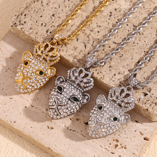 Collar con Colgante de Mono Estilo Hip Hop para Hombre, Acero Inoxidable con Chapado en Oro de 18K y Diseño de Corona Completa de Diamantes de Imitación en Cadena Retorcida