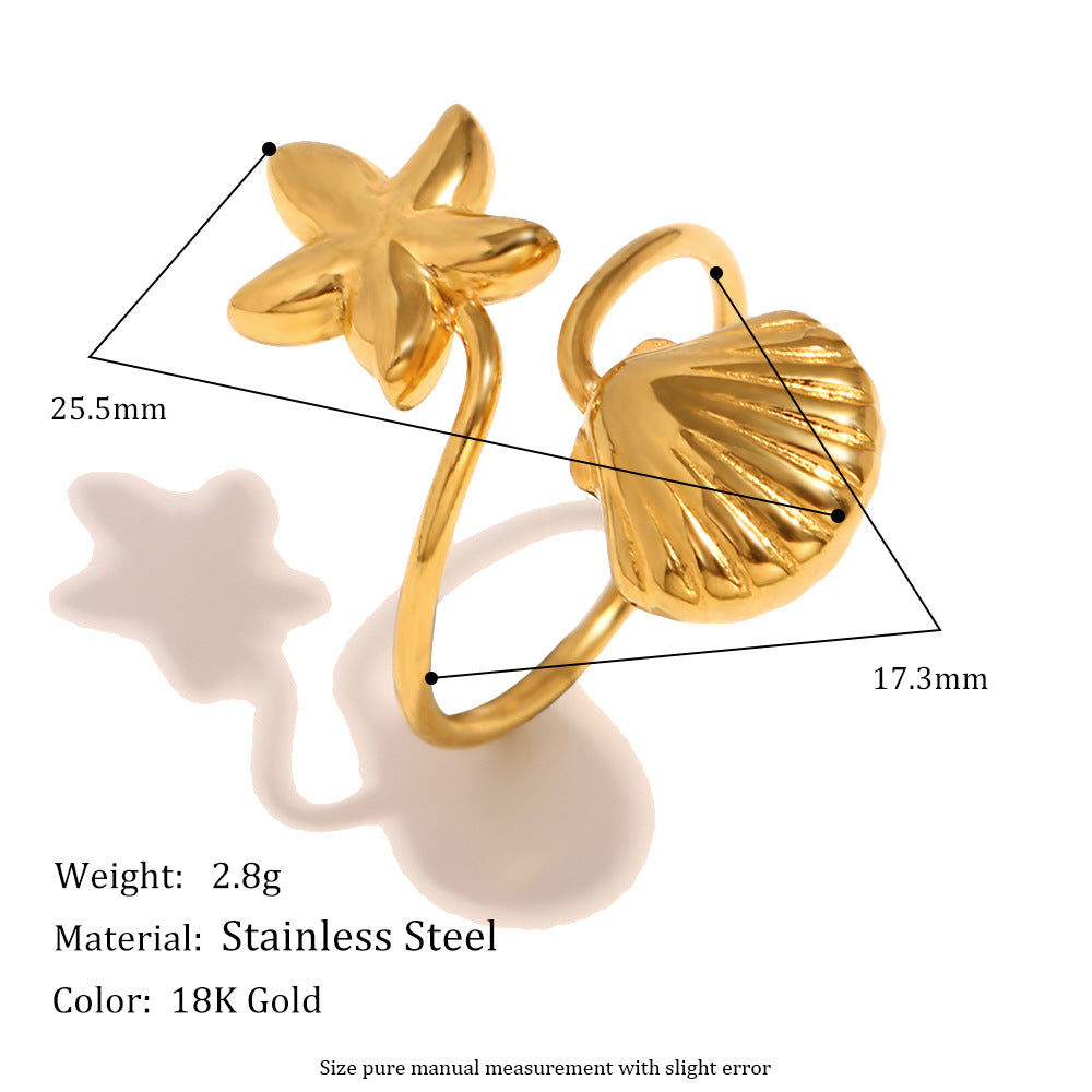 Anello da donna alla moda a forma di stella in acciaio inossidabile con placcatura in oro 18 carati e inserto in conchiglia