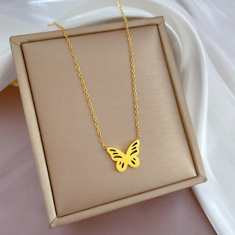 Minimalist Titanium Steel Hollow Butterfly Pendant Necklace for Women Gold-Plated Clavicle Chain with Floral Pattern