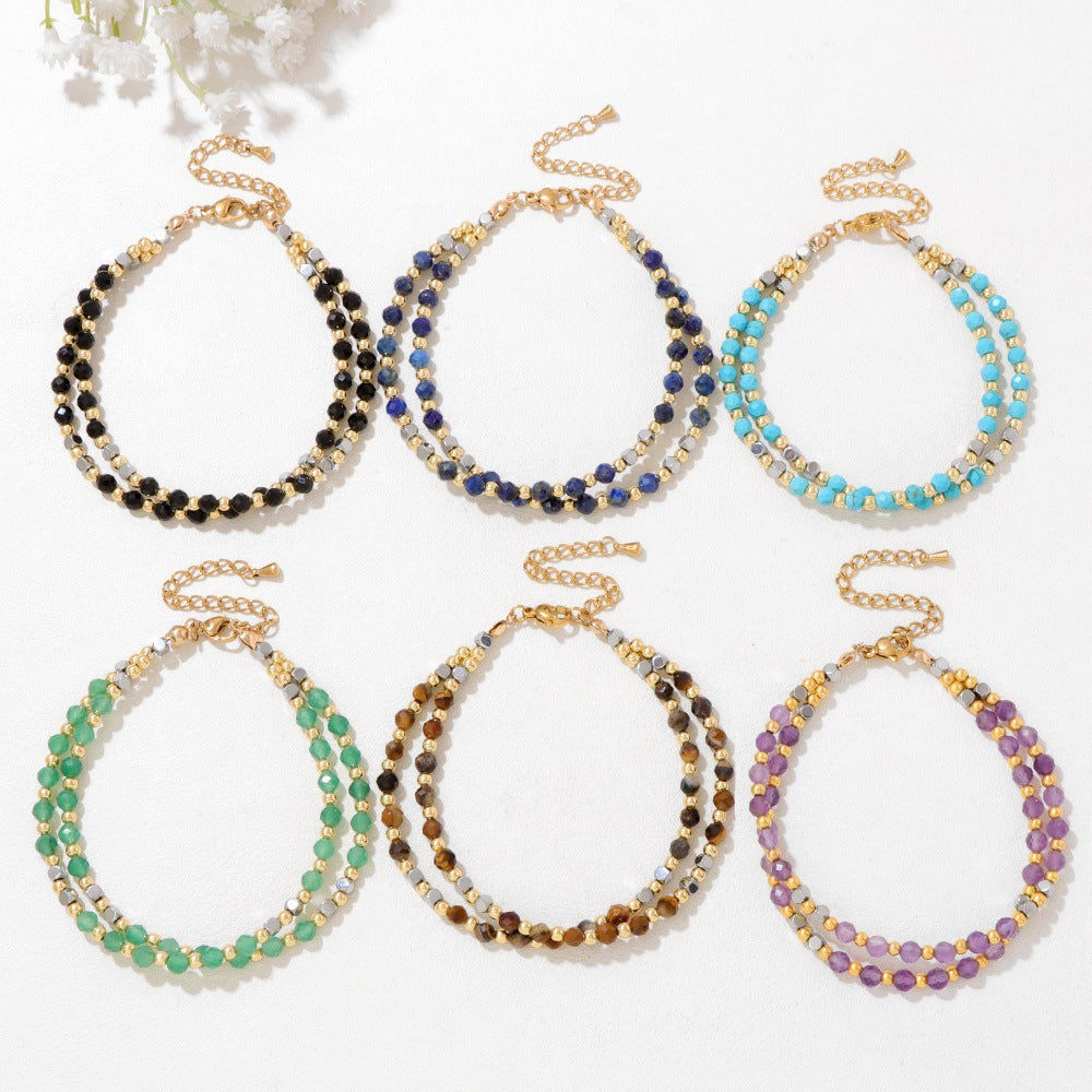 Faceted Amethyst Crystal Beaded Bracelet with 18K Gold Plated Stainless Steel Lobster Clasp Unisex