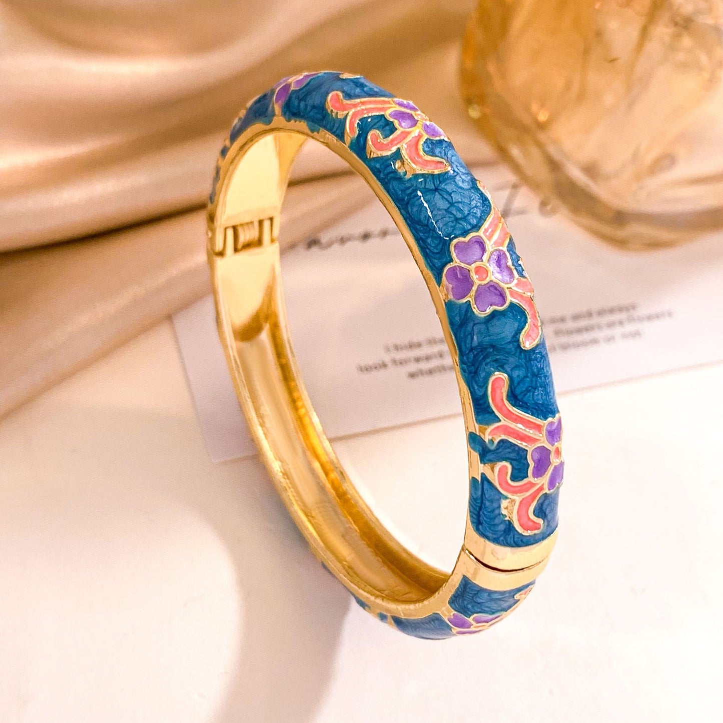 Vintage Elegant Floral Enamel Alloy Rhinestone Inlay Open Cuff Bracelet for Women