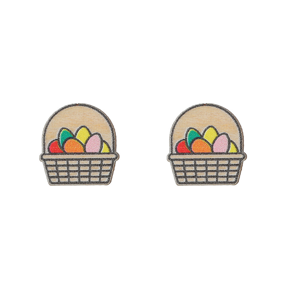 Sweet Cartoon Wood Geometric Apple Carrot Stud Earrings for Kids