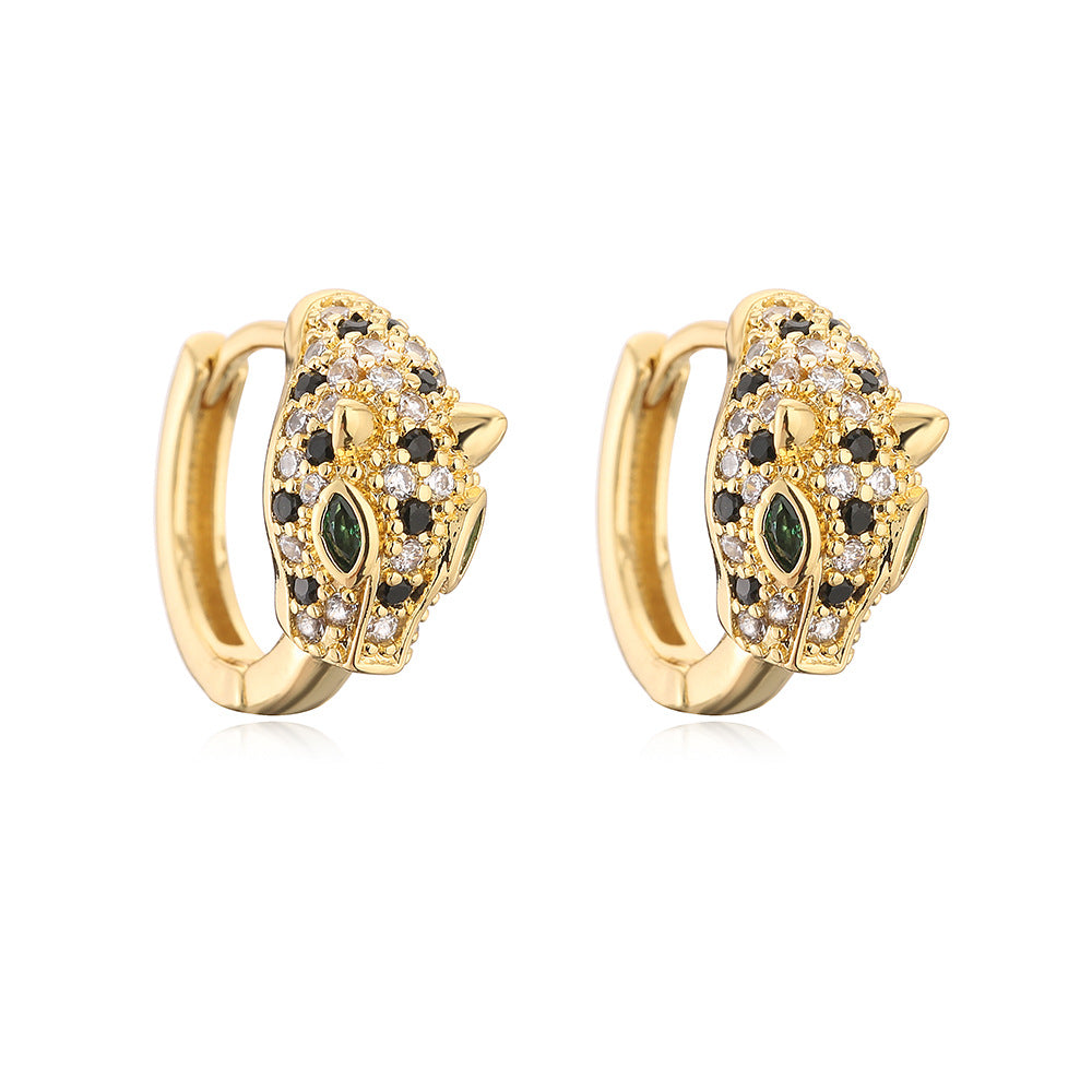 Orecchini da donna minimalisti in rame a forma di leopardo con placcatura in oro 18K e intarsio in zircone