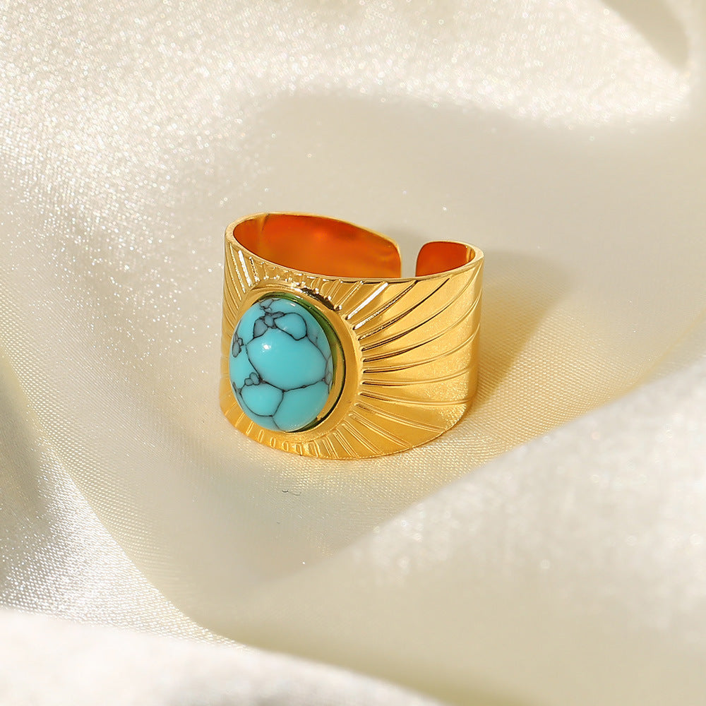Anello regolabile da donna in acciaio inossidabile placcato oro 18 carati con motivo a spirale geometrica turchese