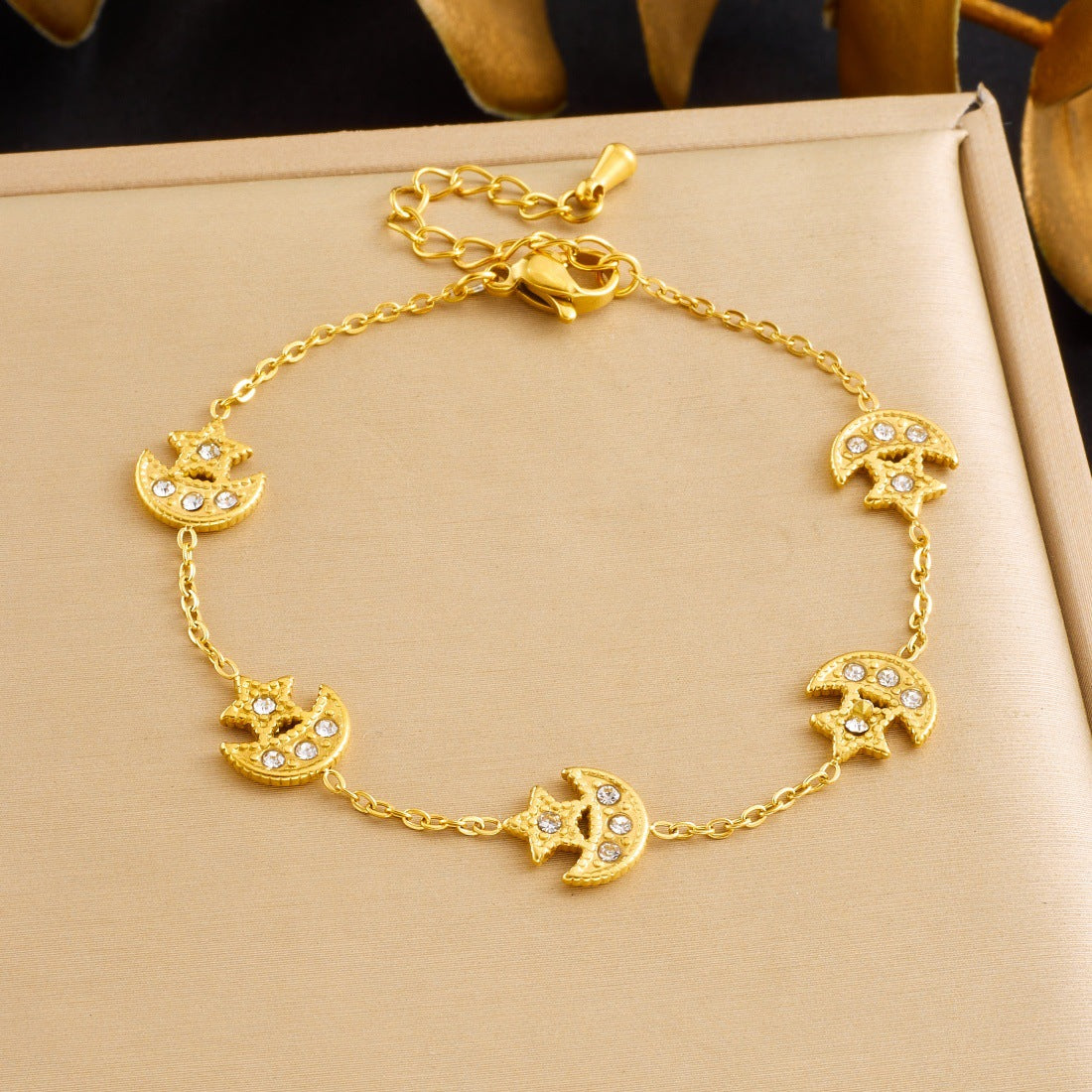 Minimalist Gold Plated Stainless Steel Moon Star Rhinestone Jewelry Set for Women