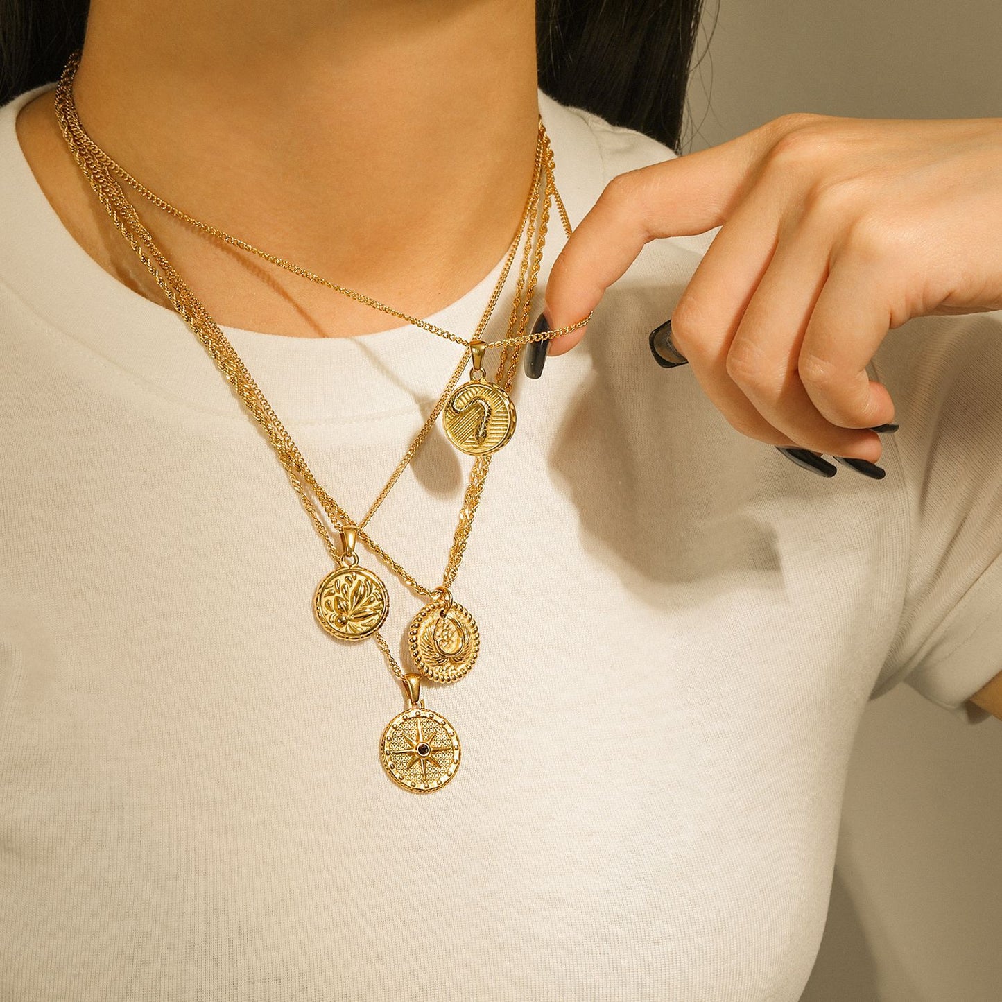 Minimalist Geometric Coin Pendant Necklace for Women Stainless Steel with Plated Finish Versatile Retro-Inspired Sweater Chain