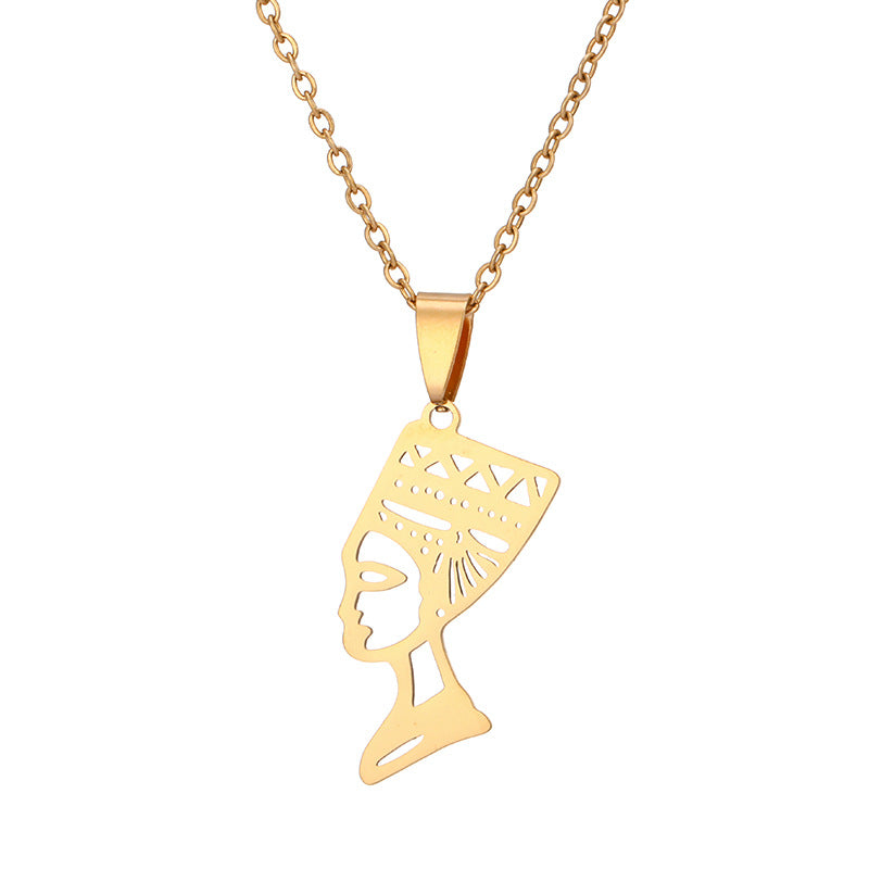 Collana con pendente Nefertiti, regina d'Egitto, alla moda, geometrica, in acciaio al titanio placcato, da donna con catena a maglie ovali