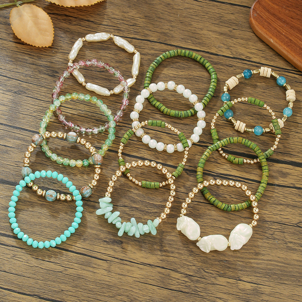 Bohemian Multi-Layer Geometric Coconut Shell Handmade Beaded Bracelet Set with Crystal and Pearl