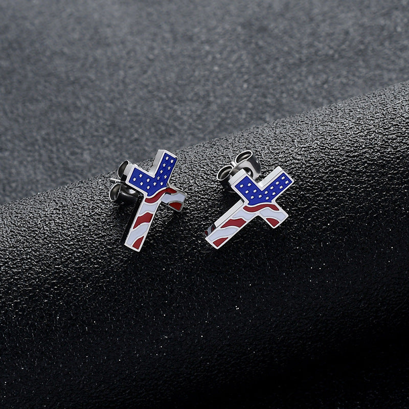 Minimalist Geometric Titanium Steel Cross Flag Stud Earrings with Plated Finish for Unisex Fashion Wear