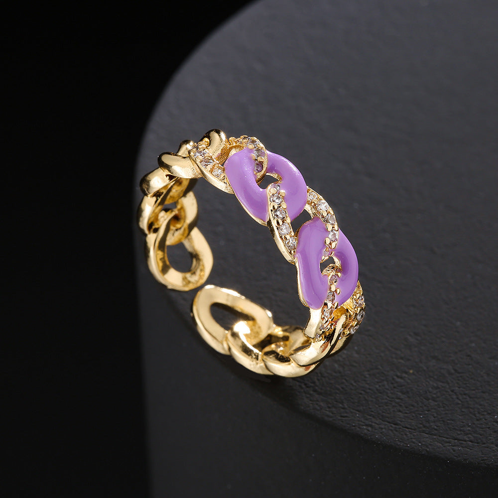 Anello aperto geometrico minimalista da donna in rame placcato oro 18 carati con zirconi micro-incastonati