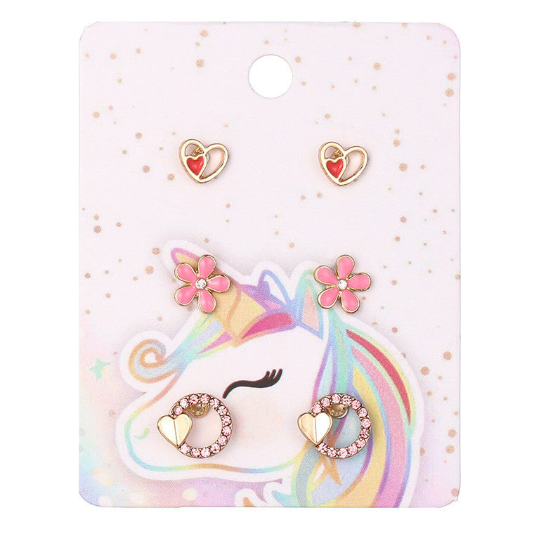Pendientes de aleación con forma de corazón y flor, estilo dibujos animados, para niñas, con esmalte.