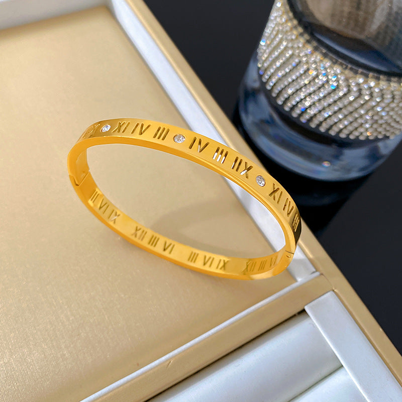 Luxury Roman Numeral Geometric Rhinestone Inlay Titanium Steel Plated Bracelet