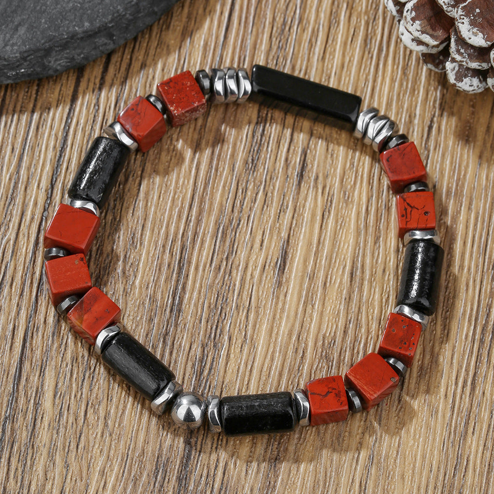 Hip-hop Minimalist Geometric Round Hematite and Black Magic Sand Stone Handmade Beaded Bracelet for Men and Women