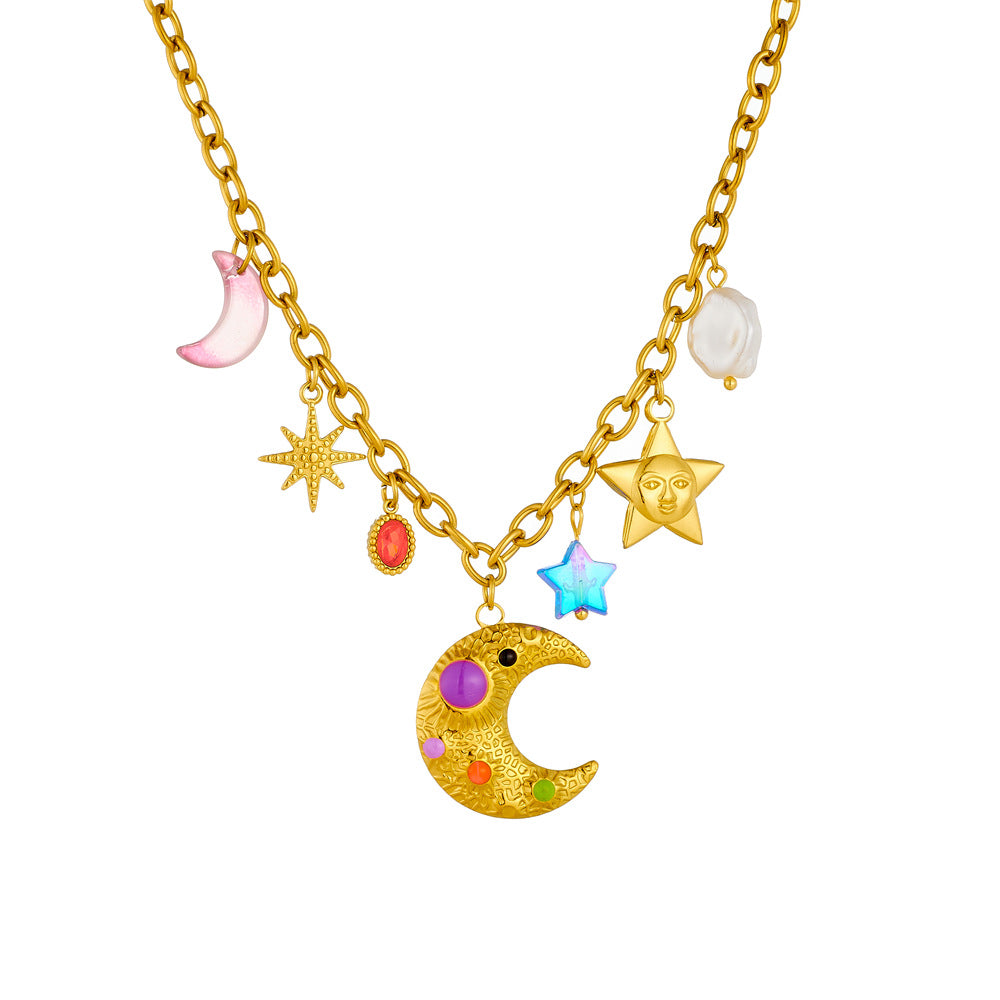 Collana con Pendente Mezzaluna e Stella in Stile Cartone Animato in Acciaio Inossidabile Placcato Oro su Catena a O da Donna