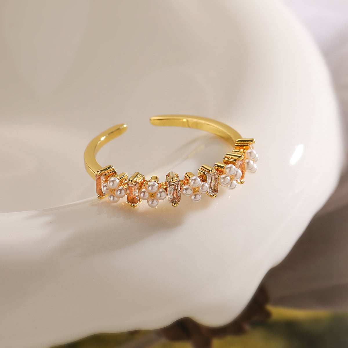 Minimalist Geometric Open Ring for Women Made of Brass with 18K Gold Plating, Zircon and Pearl Inlay
