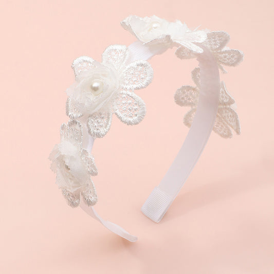 Floral Princess Hairband for Girls Handmade Pearl-Adorned Petal Design with Lace Trim Fabric Headband for Children's Photo Shoots and Special Occasions