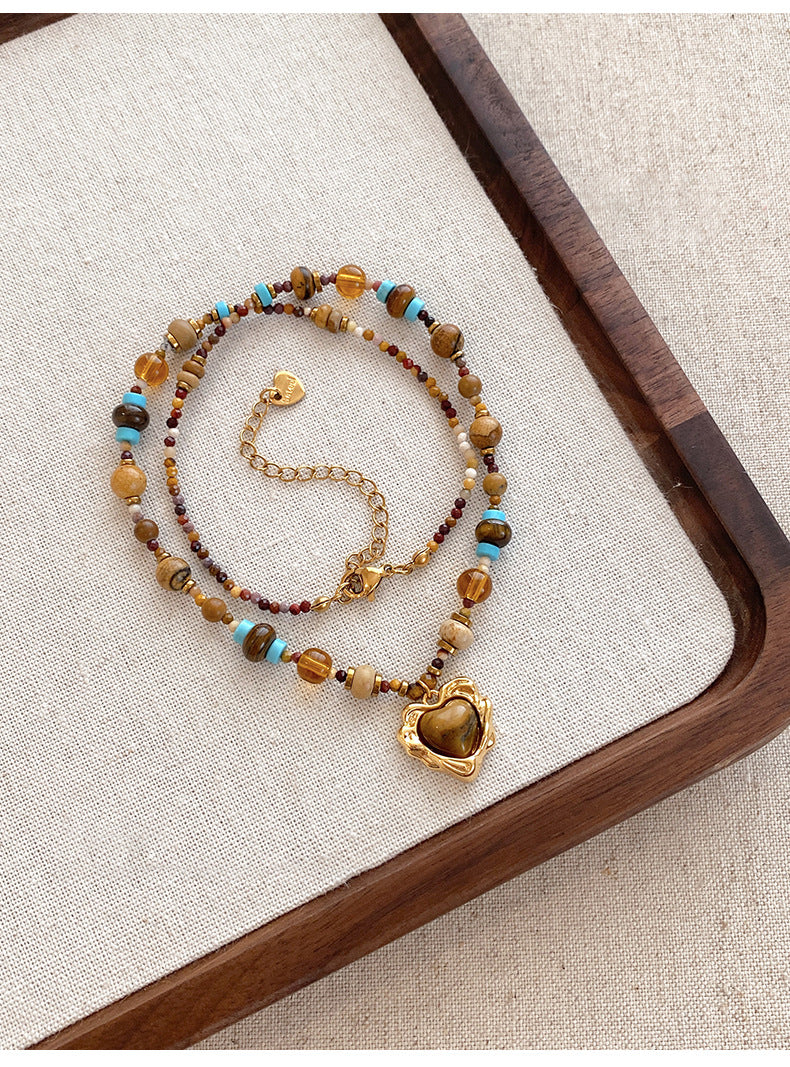 Collana con Ciondolo Vintage a Occhio di Tigre Geometrico Placcata Oro 18K Lunga per Maglione da Donna