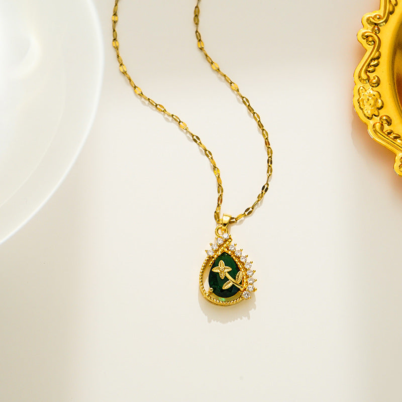 Collana pendente a goccia in acciaio al titanio, fresca e dolce, da donna, con micro-pavé di zirconi e placcatura sottovuoto