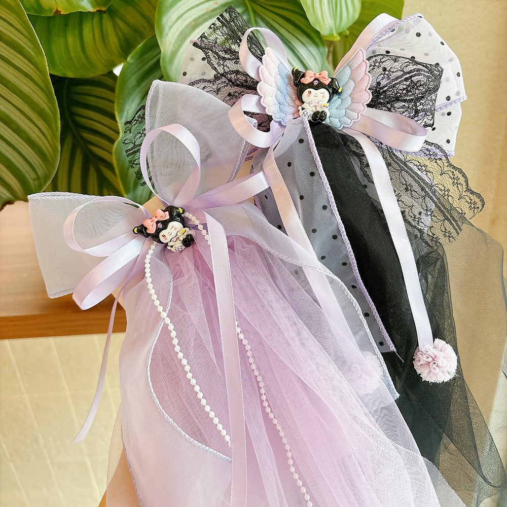 Fermaglio per capelli in tulle con fiocco in stile cartone animato per ragazze con design del personaggio Kuromi, accessorio per capelli per bambini a tema principessa con nastro e bordo in pizzo