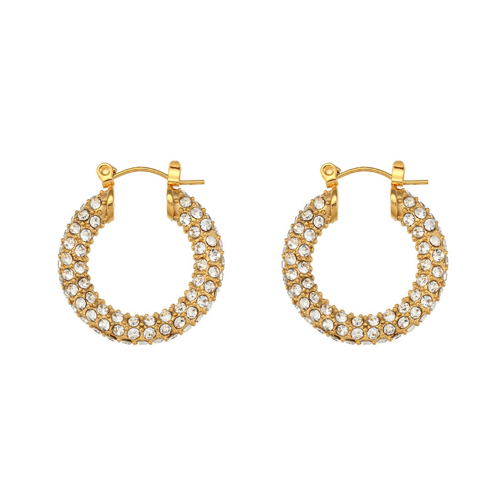 Fashion Minimalist Geometric Stainless Steel Plated 18K Gold Tone U-Shaped Full Zircon Stud Earrings for Women