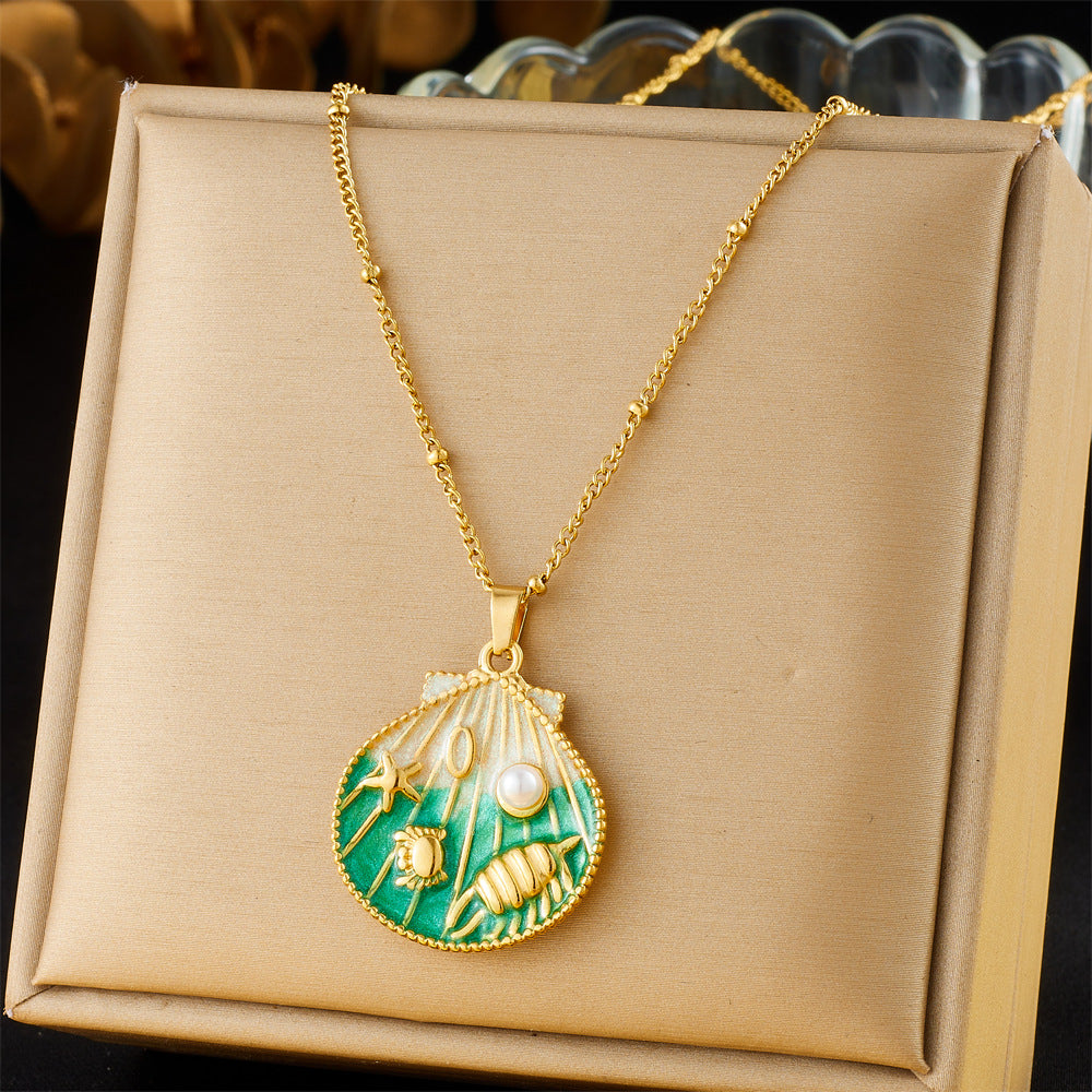 Collana con ciondolo a conchiglia minimalista dolce, animale marino in acciaio inossidabile con finitura smaltata sfumata