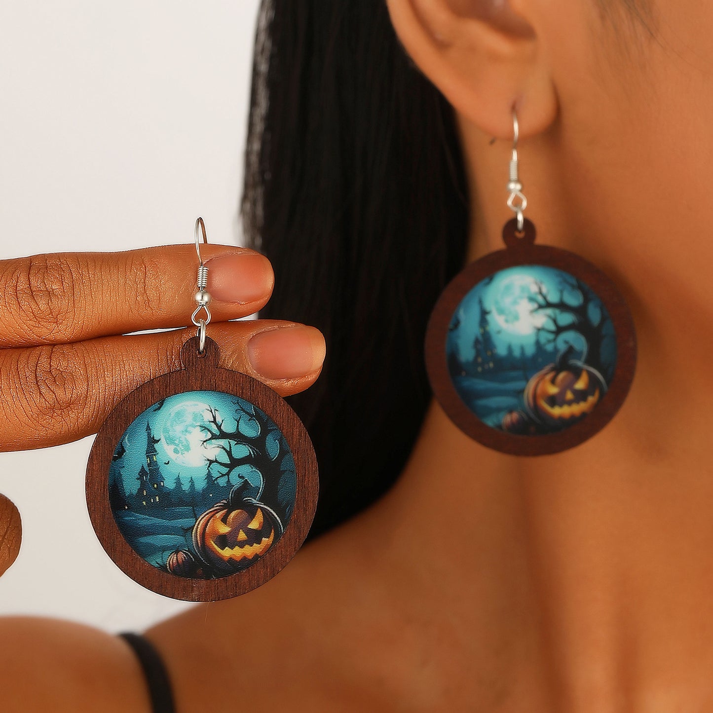 Pendientes geométricos con temática de Halloween, con motivos de calabazas y fantasmas impresos, pendientes de madera de Halloween para mujer